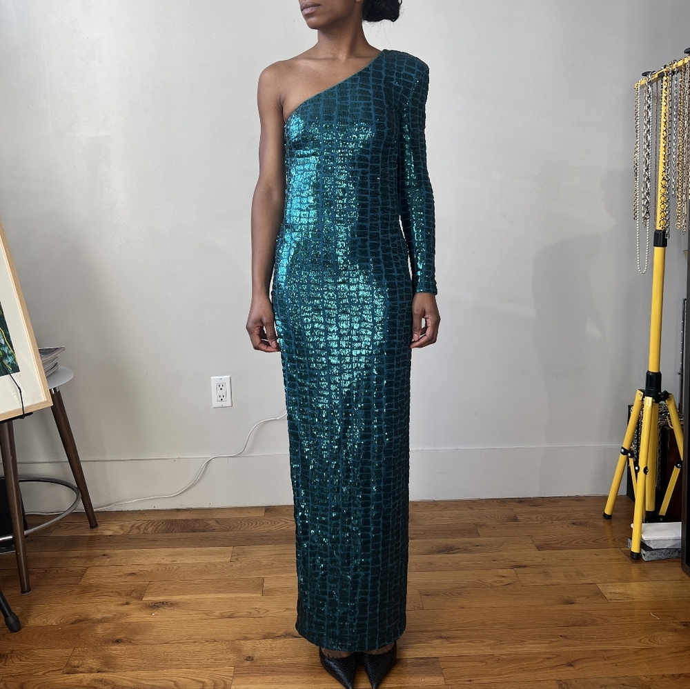 NWT Rumi Gown | Elegant Teal Sequin One-Shoulder Dress | XS